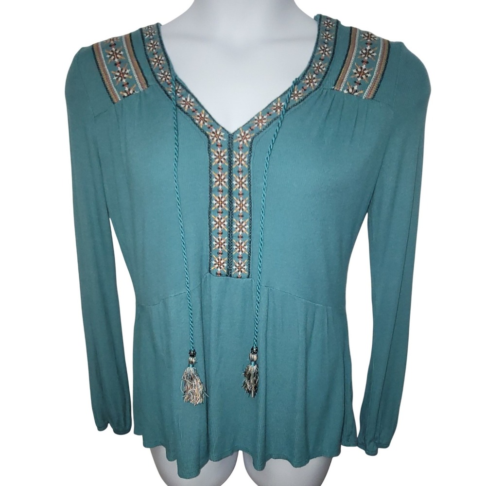 Artesia Peplum Long Sleeve Tassel Knit Lace Embroidered Boho Peasant M Aztec Y2K